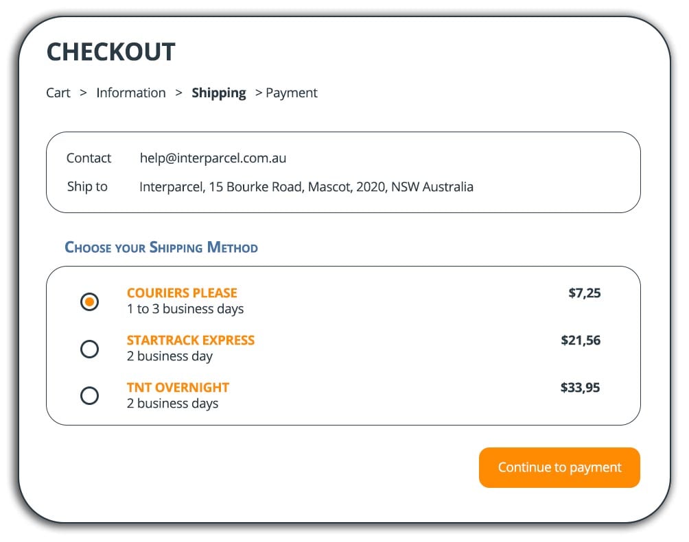 A website checkout that offers multiple shipping services, including express and overnight.