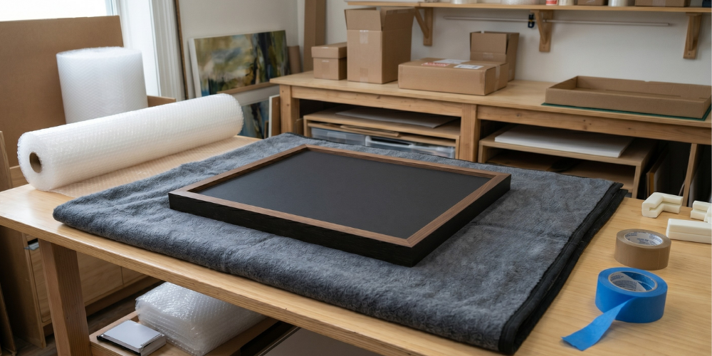 table with artwork on it