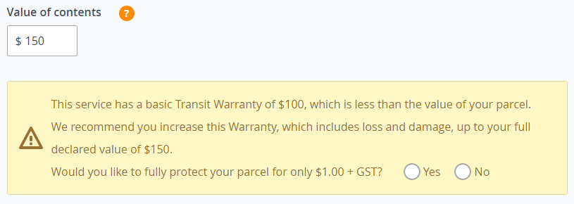 Parcel contents value
