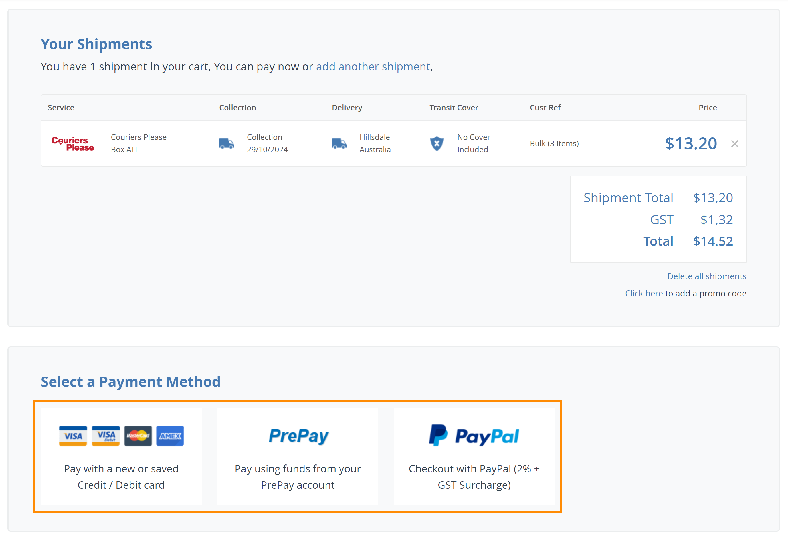 Payment methods selected