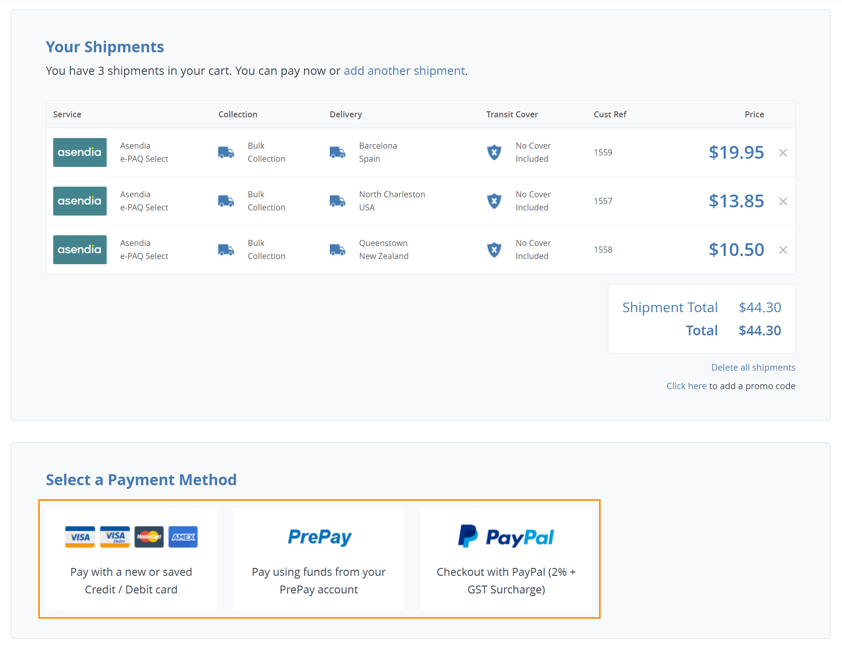 Payment Method selected