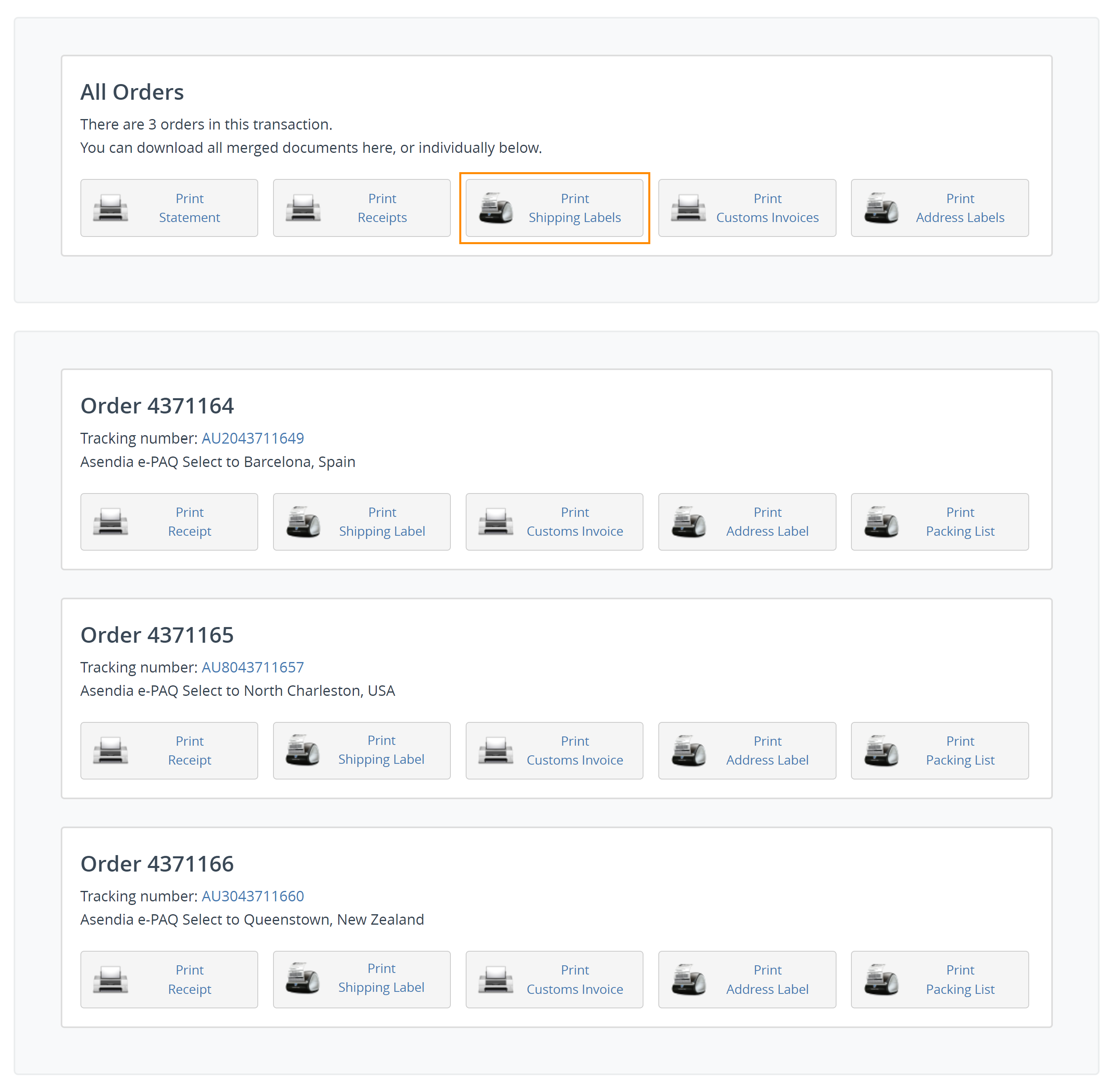 Print Shipping Labels selected