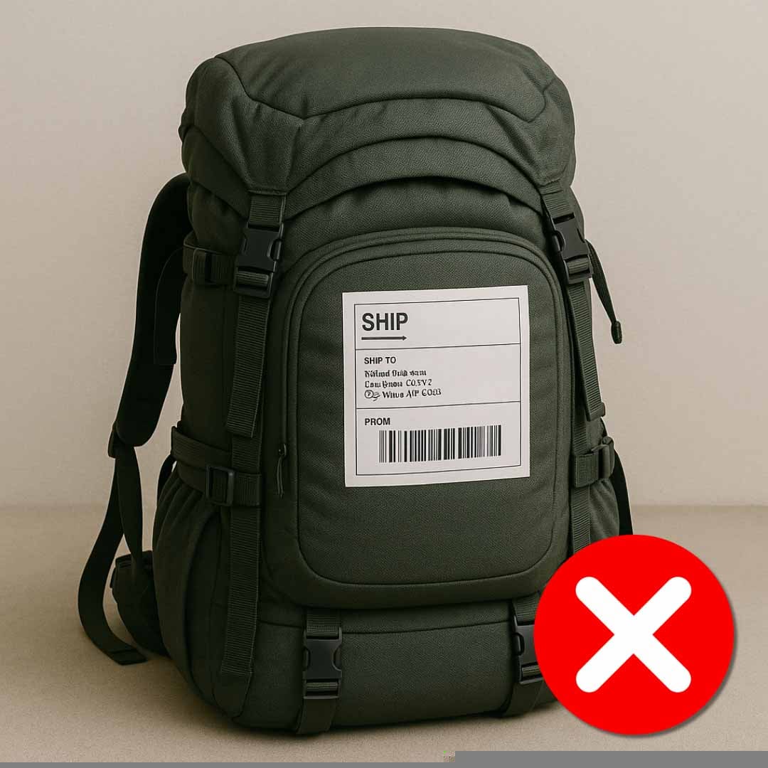 A backpack with a shipping label
