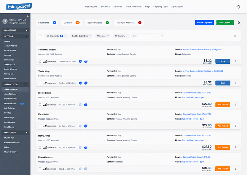 Interparcel Shipping Manager showing imported BigCommerce orders