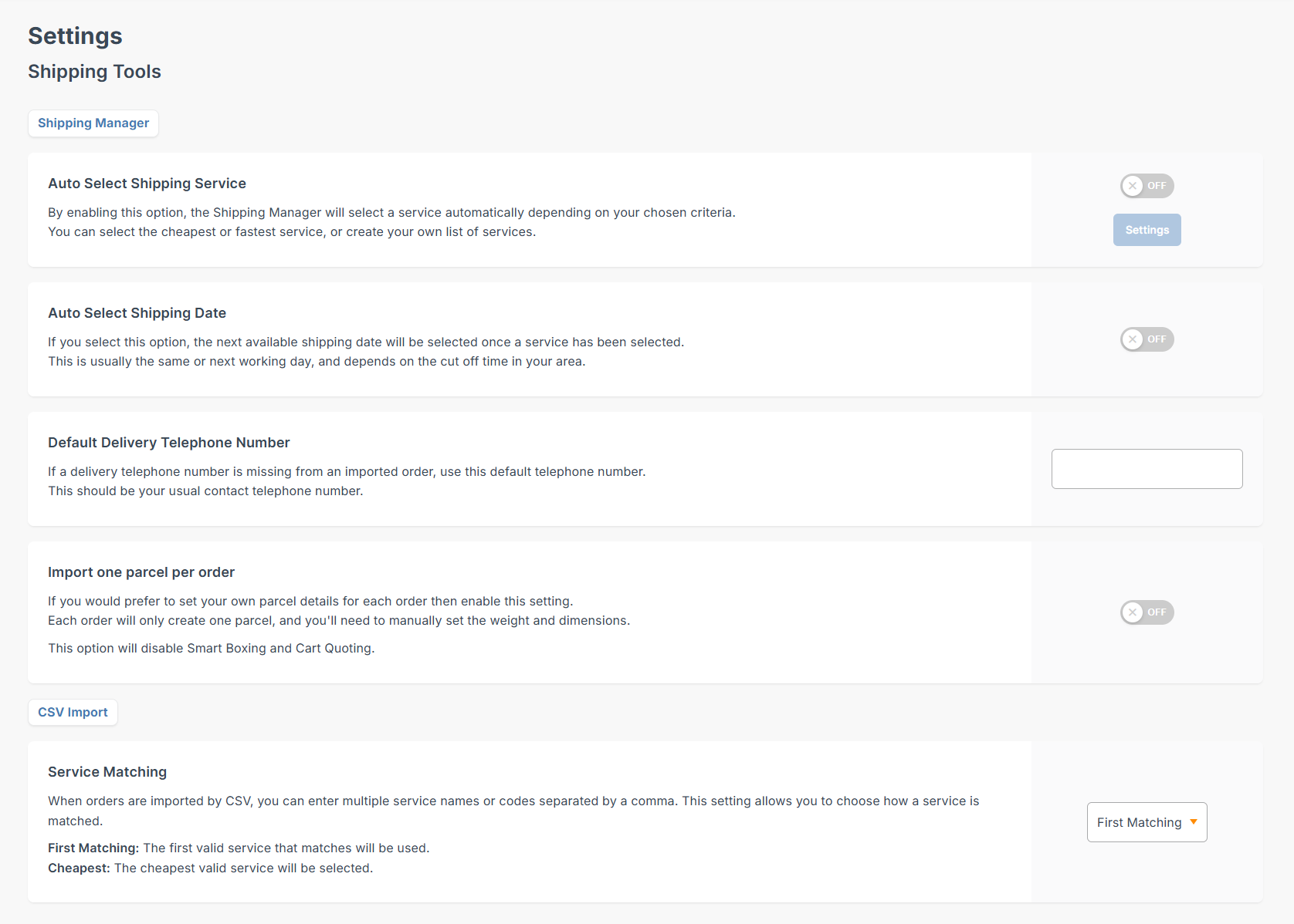 shipping tools settings page