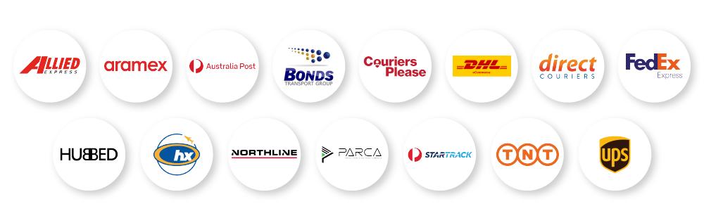 Courier icons: Allied, Aramex, Bonds, CouriersPlease, DHL, DirectCouriers, Fedex, FRF, Hubbed, HunterExpress, Northline, StarTrack, TNT, UPS, Parca