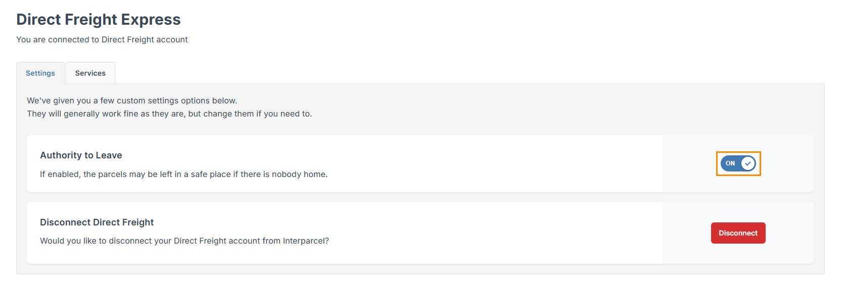 eparcel settings within interparcel