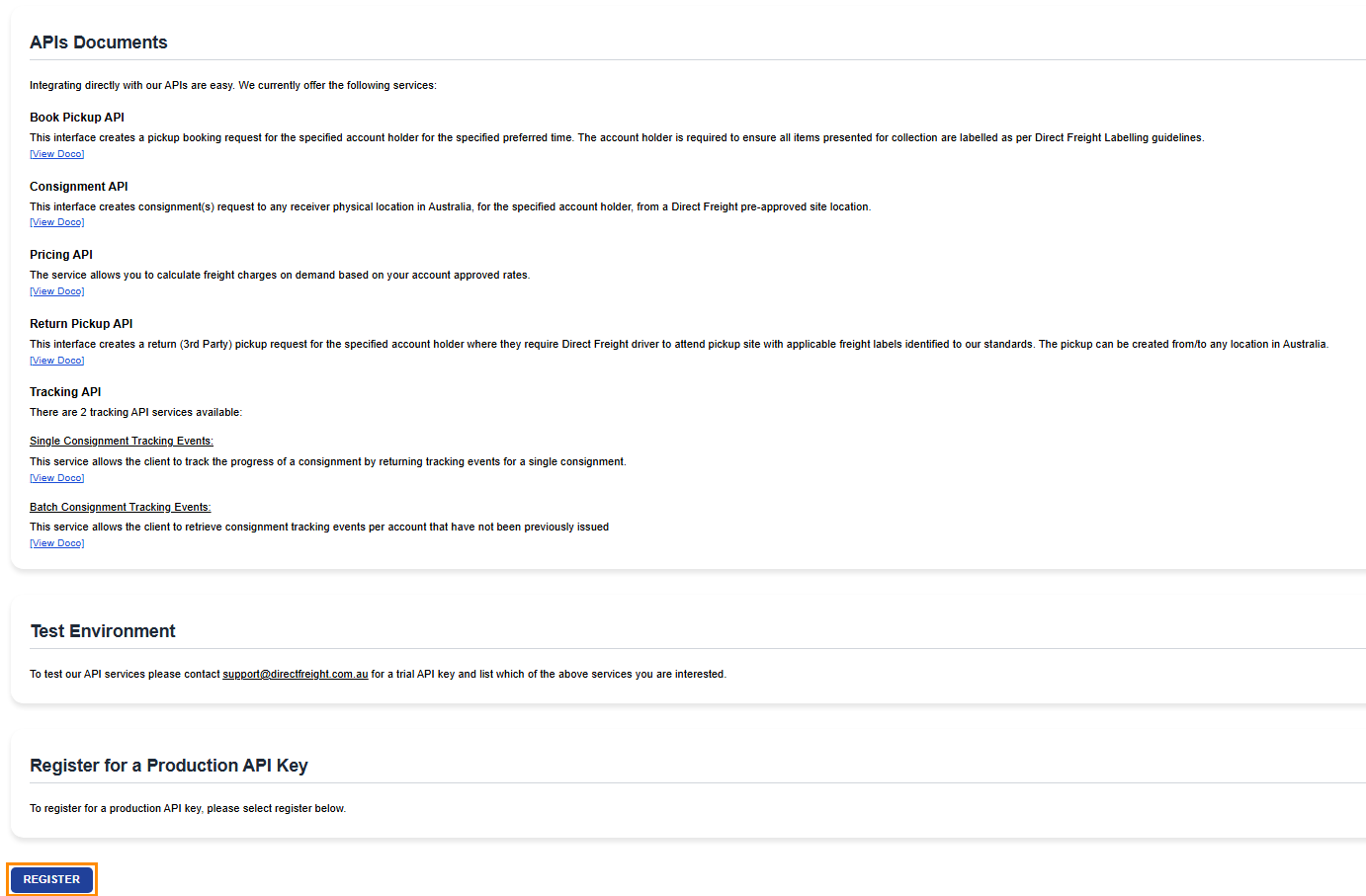 Developer Centre page from Australia Post - API tab