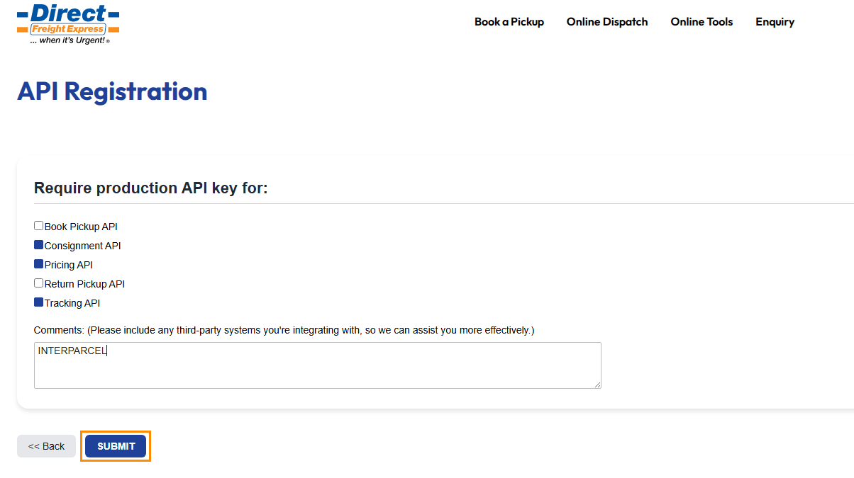 Developer Centre page from Australia Post - API tab