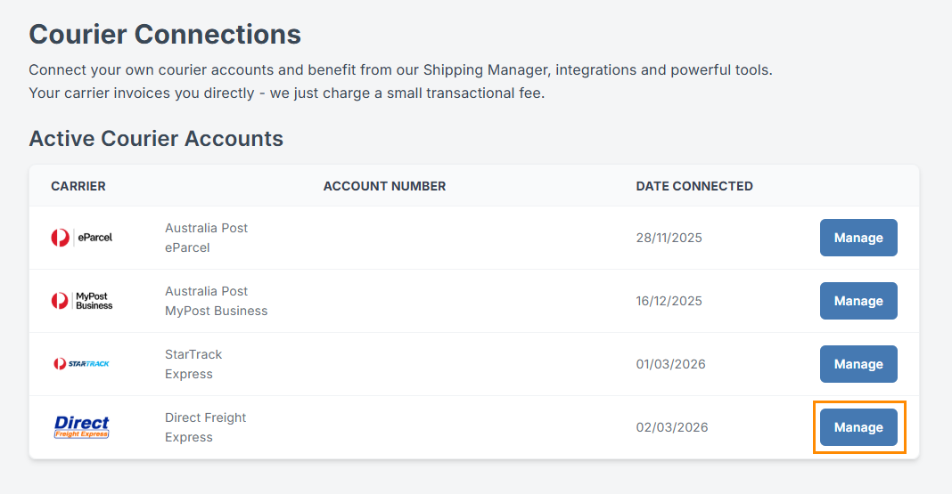 eparcel settings within interparcel