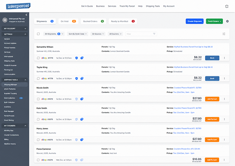 Interparcel Shipping Manager showing imported eBay orders
