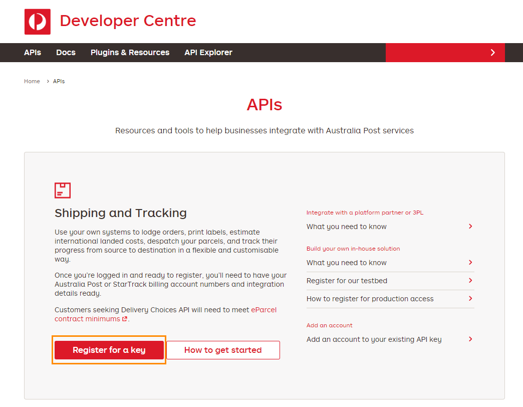 Developer Centre page from Australia Post - Ask for a key