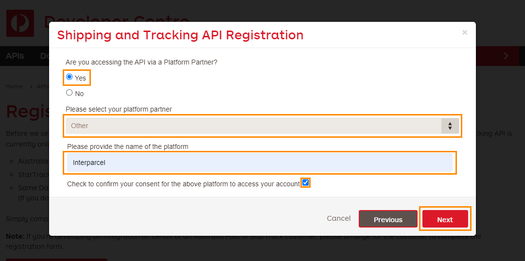 shipping and tracking api registration form