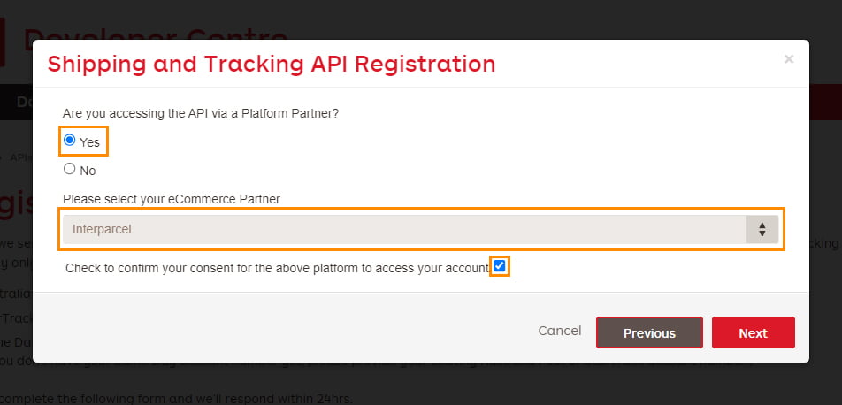 shipping and tracking api registration form