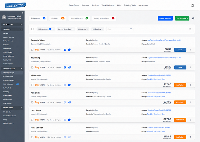 Interparcel Shipping Manager showing imported Etsy orders