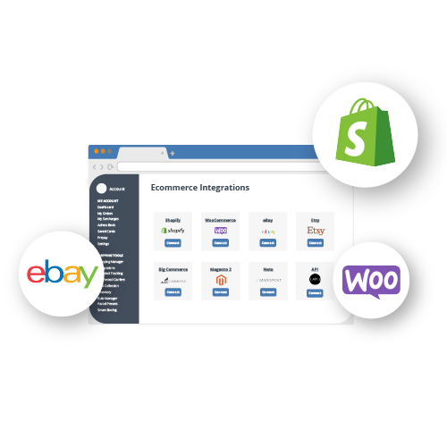 Integrations page with Shopify, WooCommerce and Ebay logos