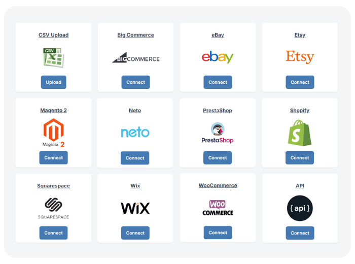 Integrations page with Shopify, WooCommerce and Ebay logos