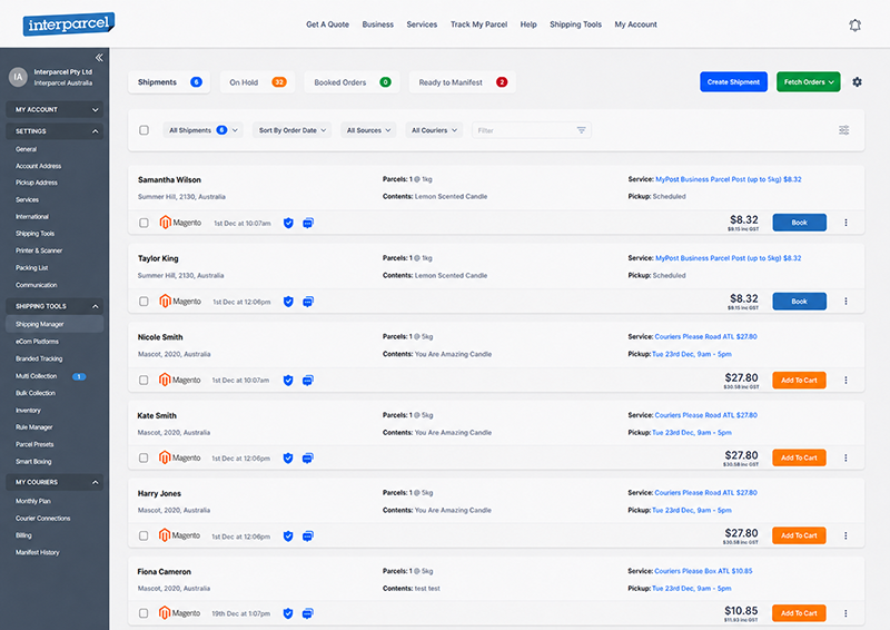Interparcel Shipping Manager showing imported Magento 2 orders