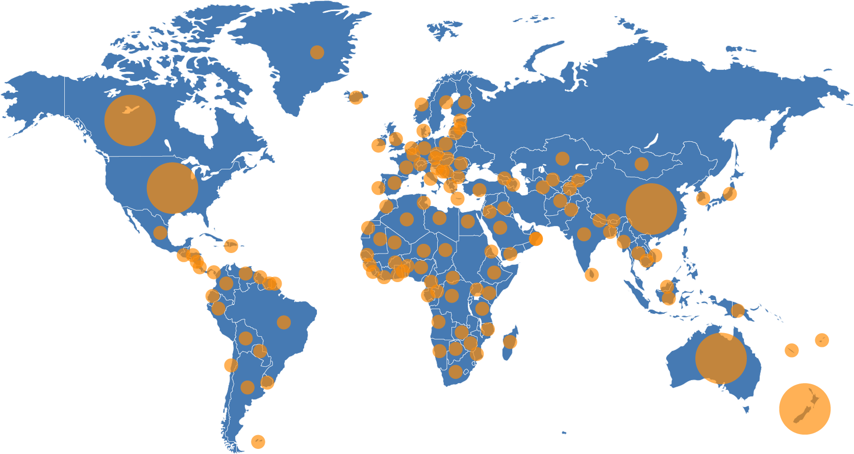 world map with orange dots