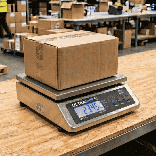 box on a shipping scale