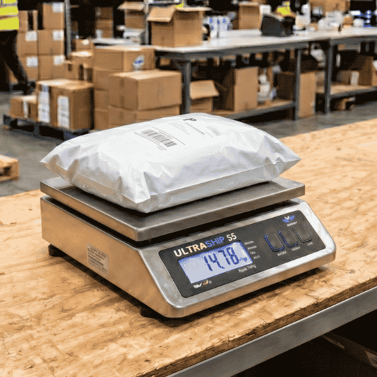 satchel on a shipping scale