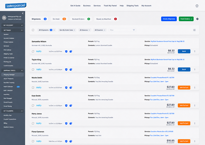 Interparcel Shipping Manager showing imported Neto orders