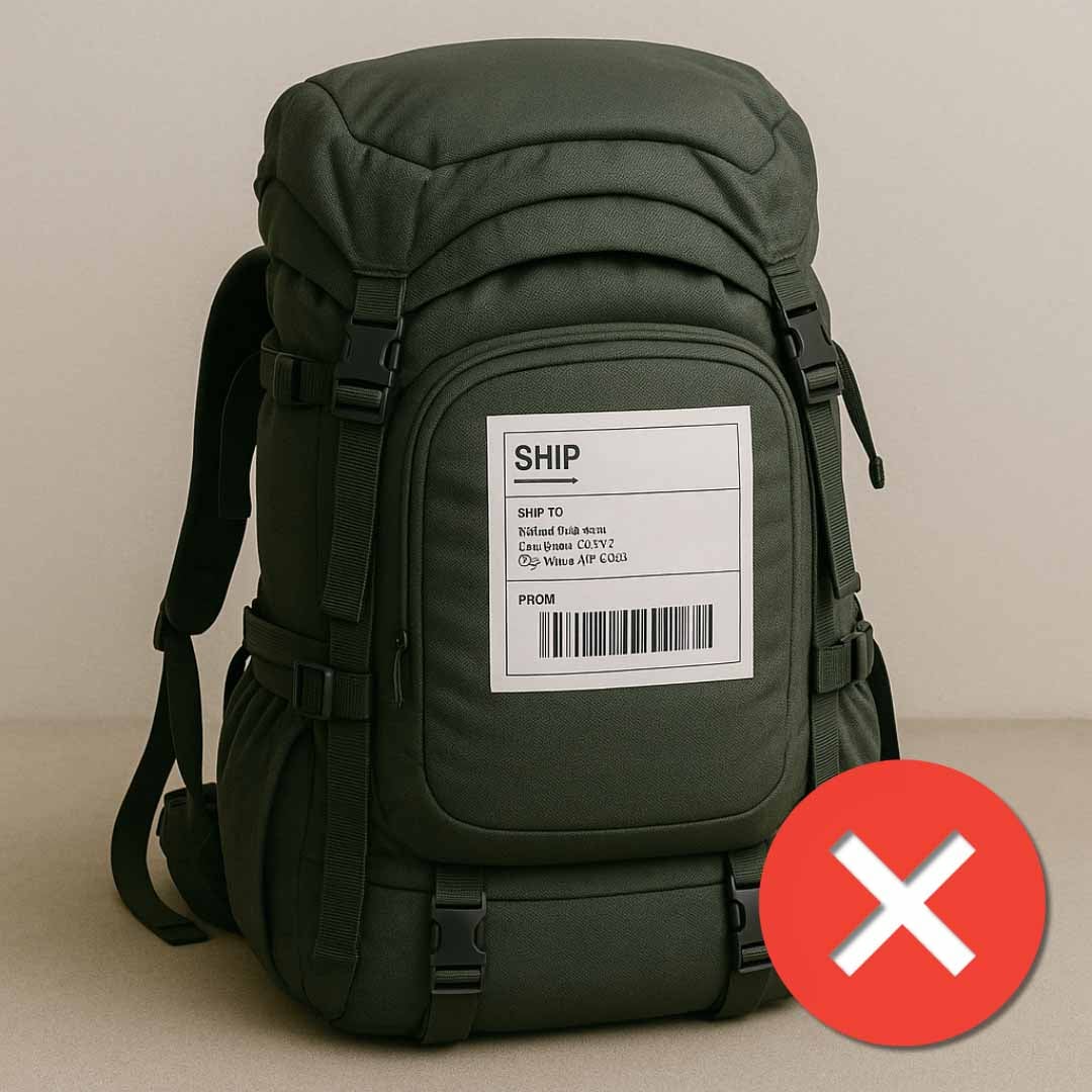 A backpack with a shipping label