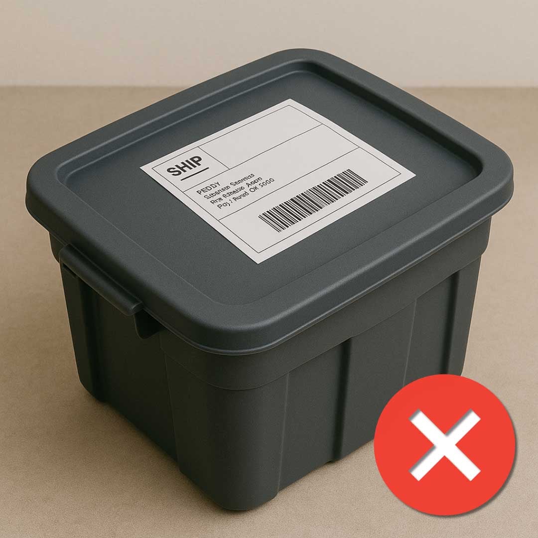 Plastic box with a shipping label