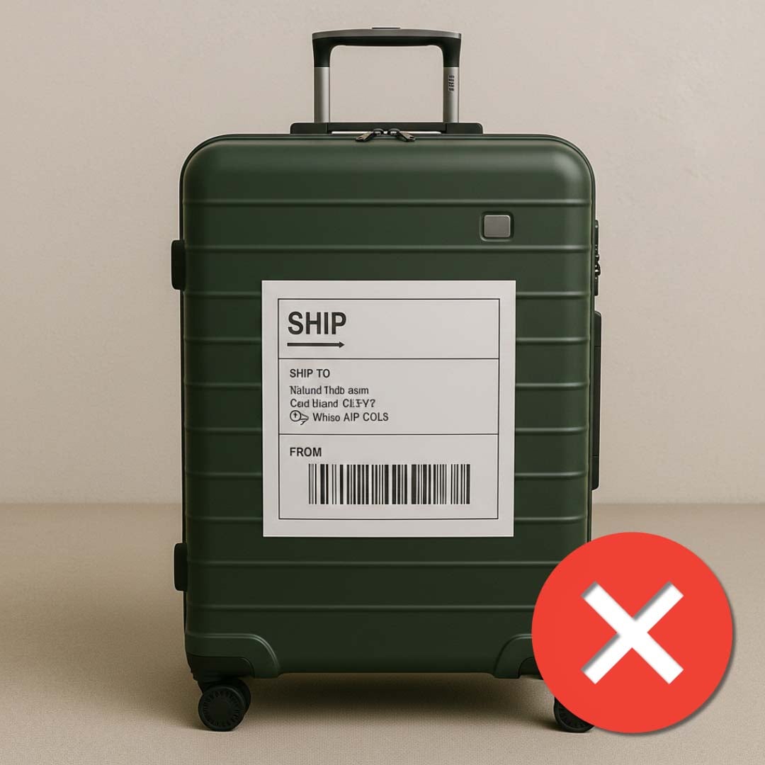 Suitcase with shipping label attached