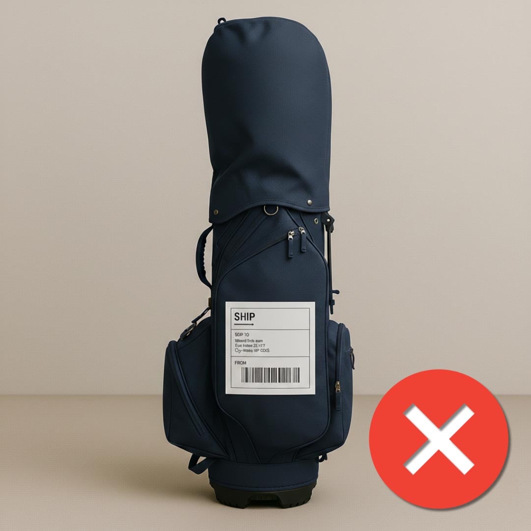 Golf clubs case with shipping label attached