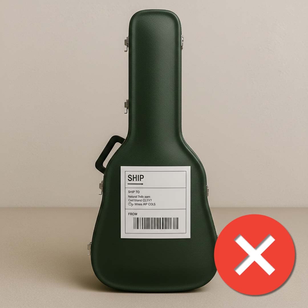 guitar case with shipping label attached