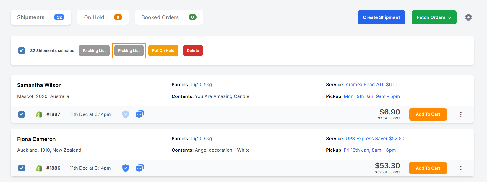 shipping manager: click fetch orders