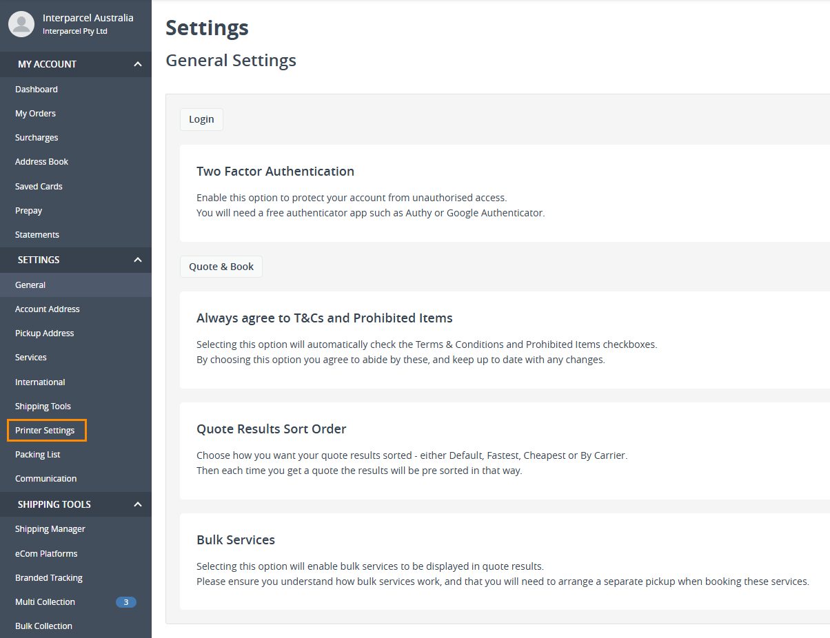 Printer Settings selected from the menu