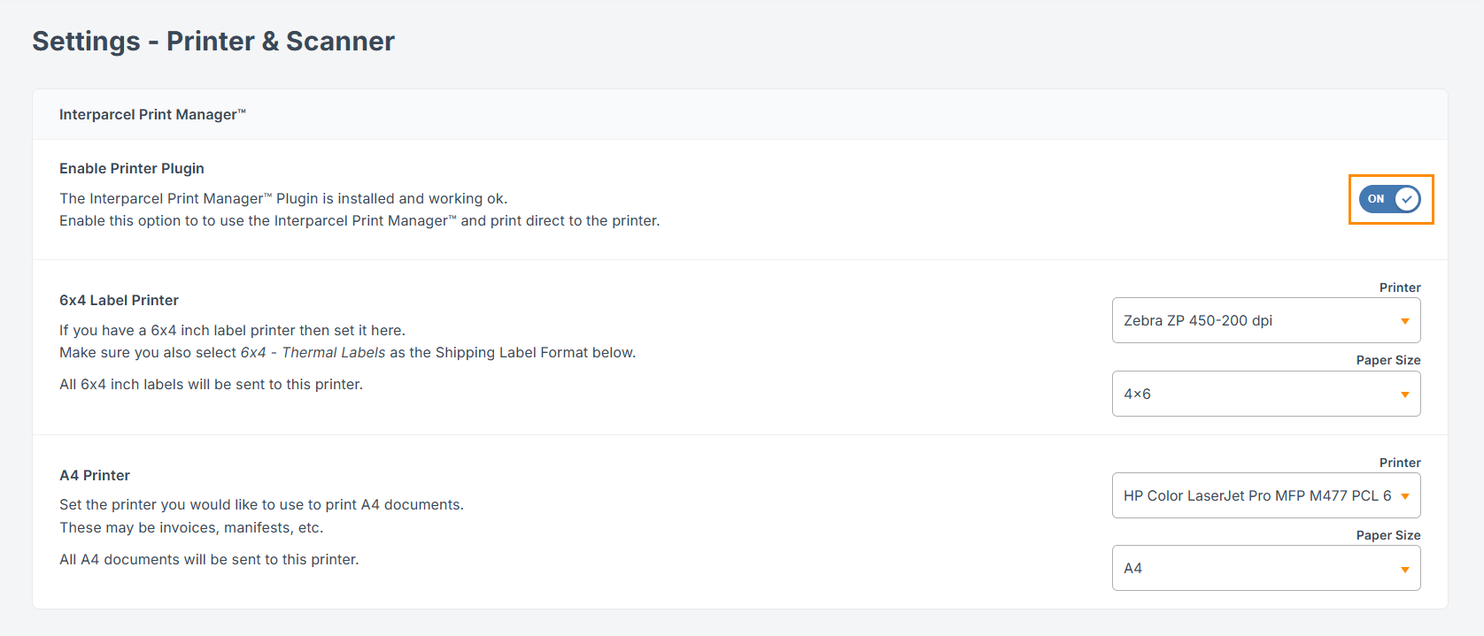 print settings with a toggle to enable and unable the print manager