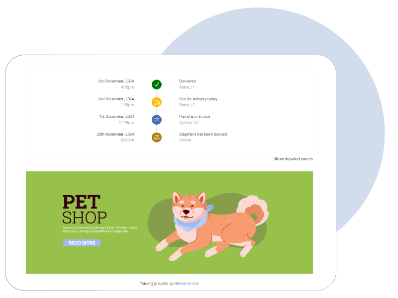 Tracking page on a computer screen