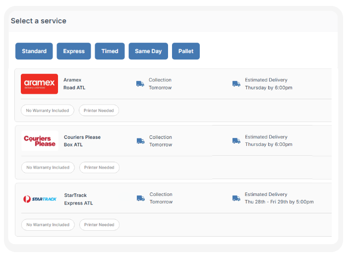 Select a service page with several courier services