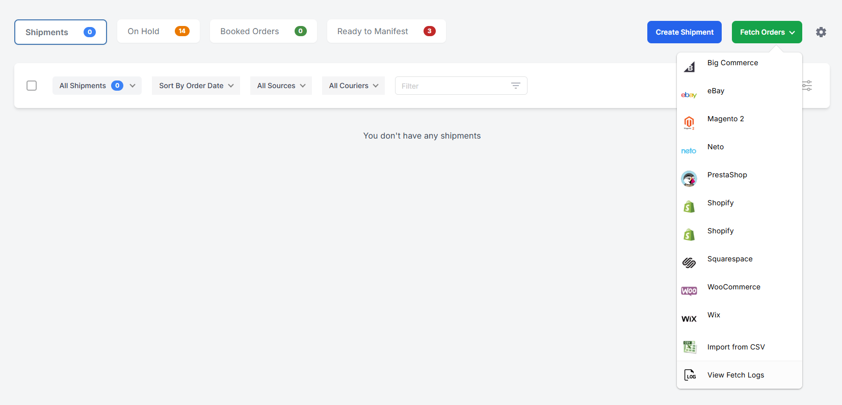 Clicking Fetch Order to select ecommerce platform