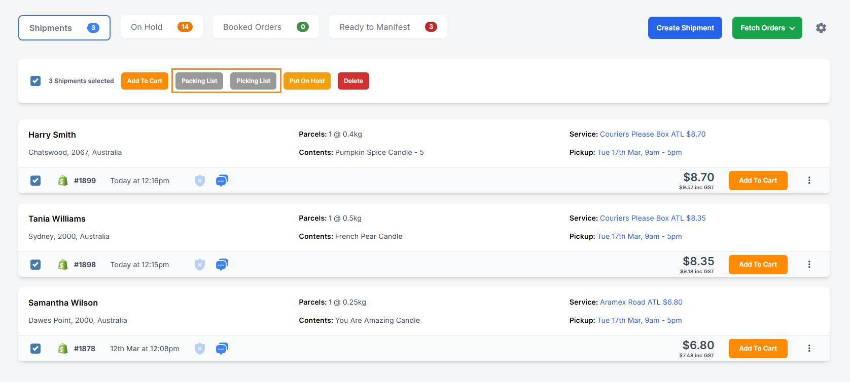 Orders selected to add them to the cart