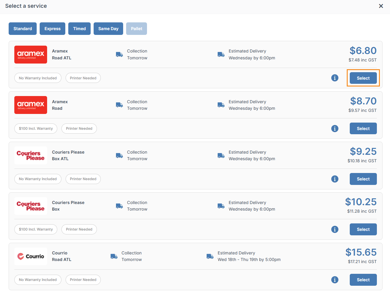 Selecting service within our Shipping Manager