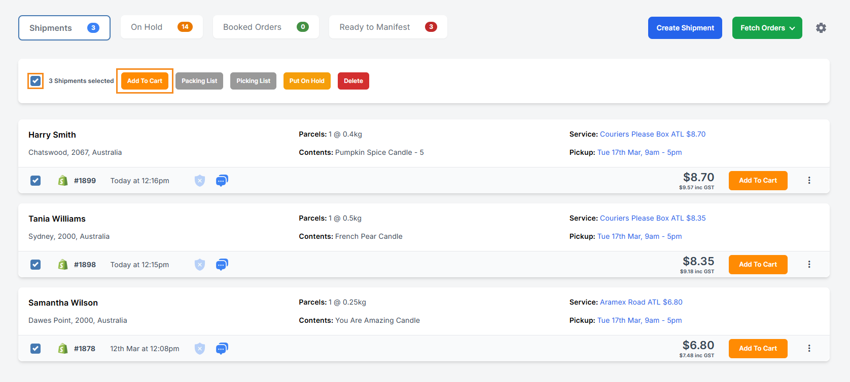 Cart has three orders