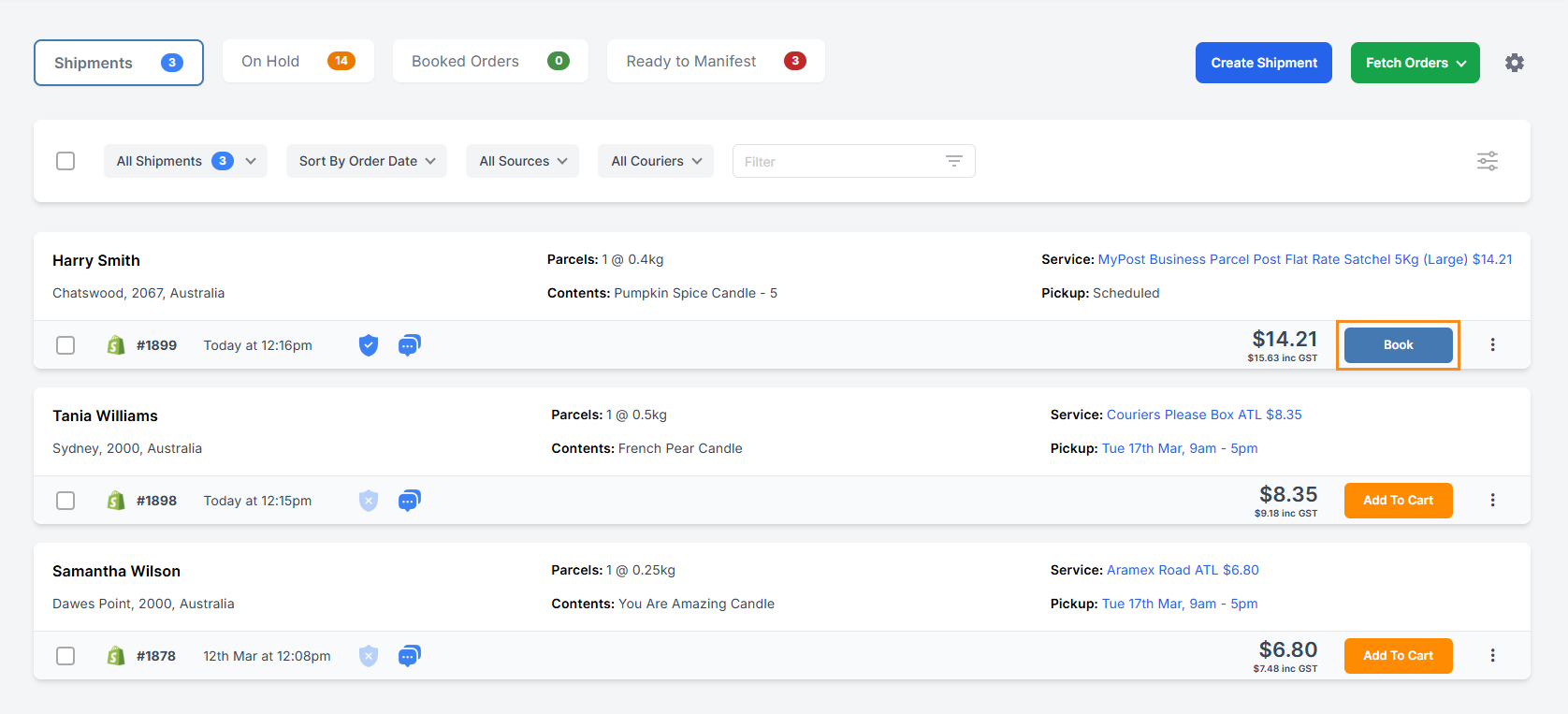 two orders on the shipping manager