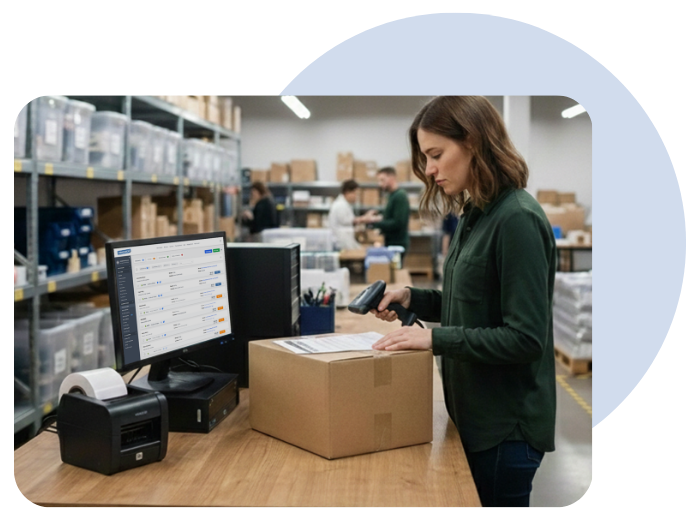 woman sticking a label on a box with computer next to her