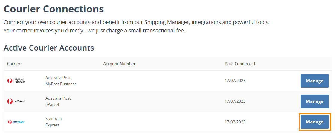 eparcel settings within interparcel