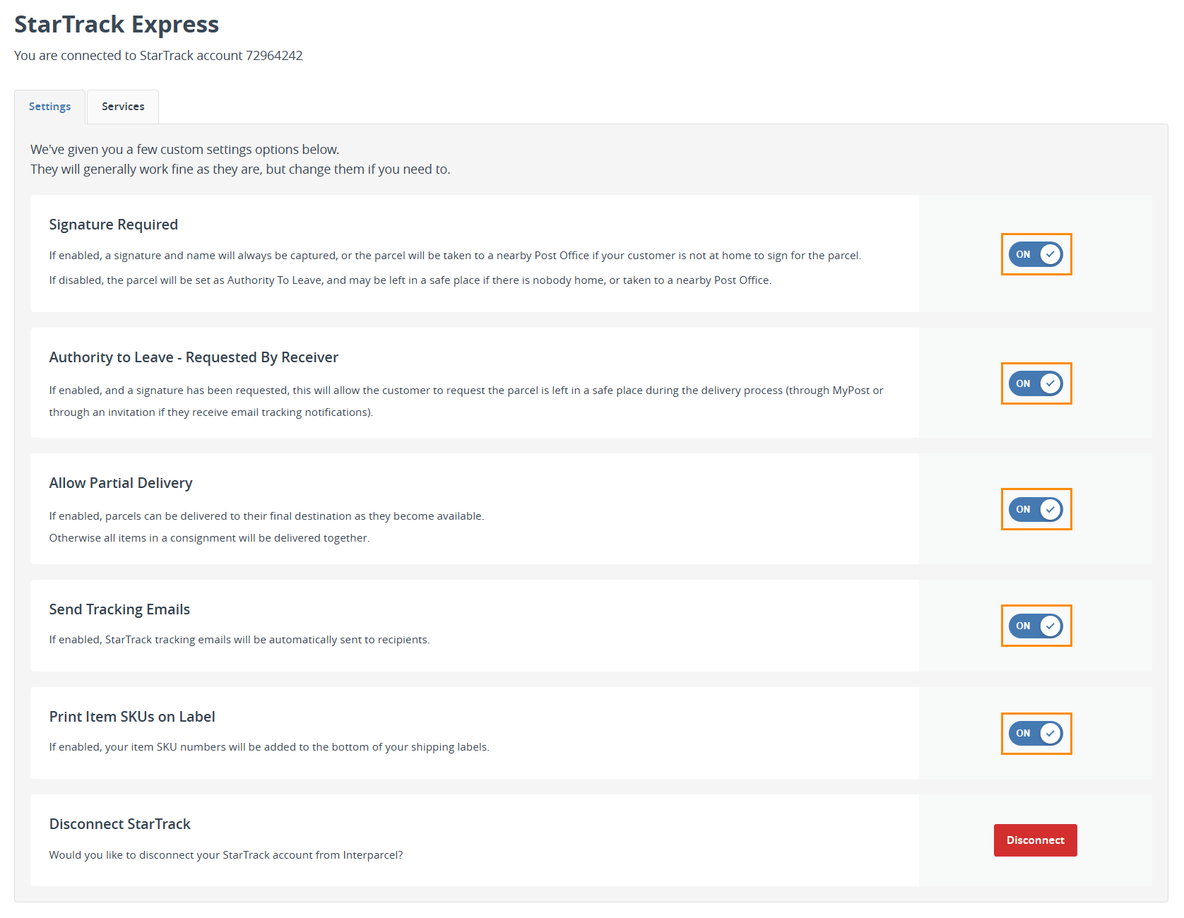 eparcel settings within interparcel