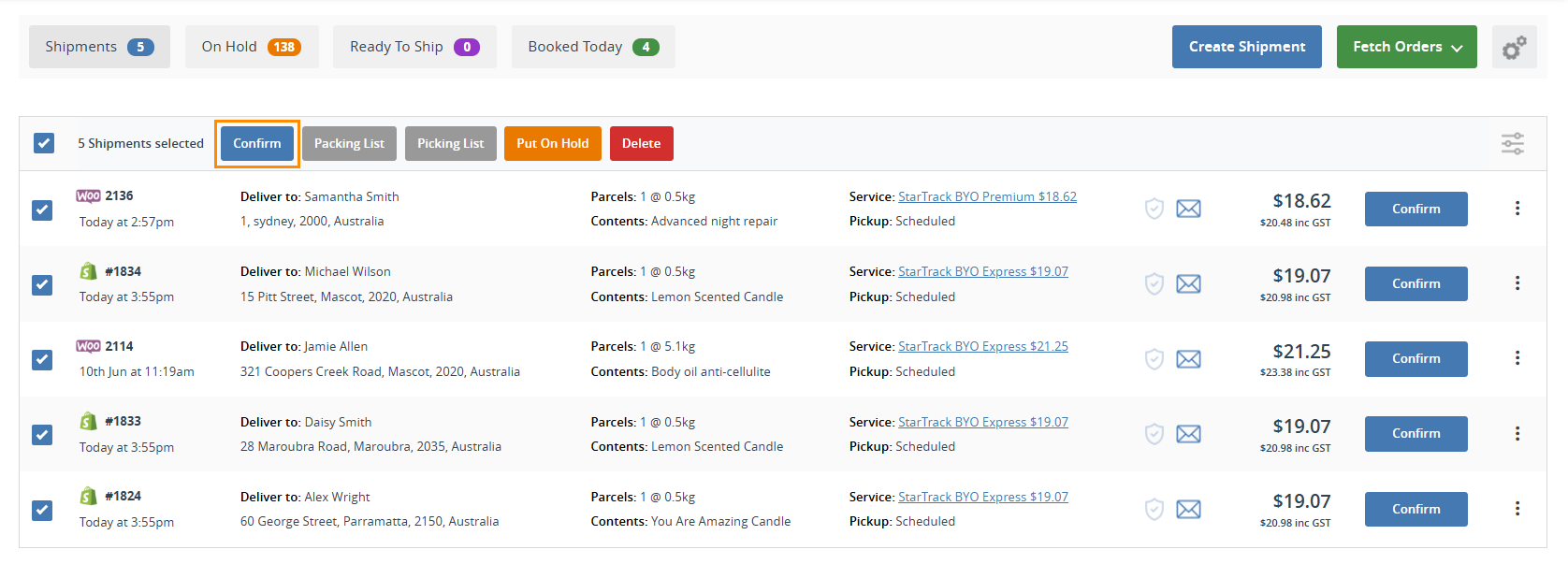 shipping manager with order selected and clicking confirm button