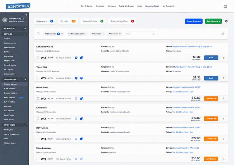 Interparcel Shipping Manager showing imported Wix orders