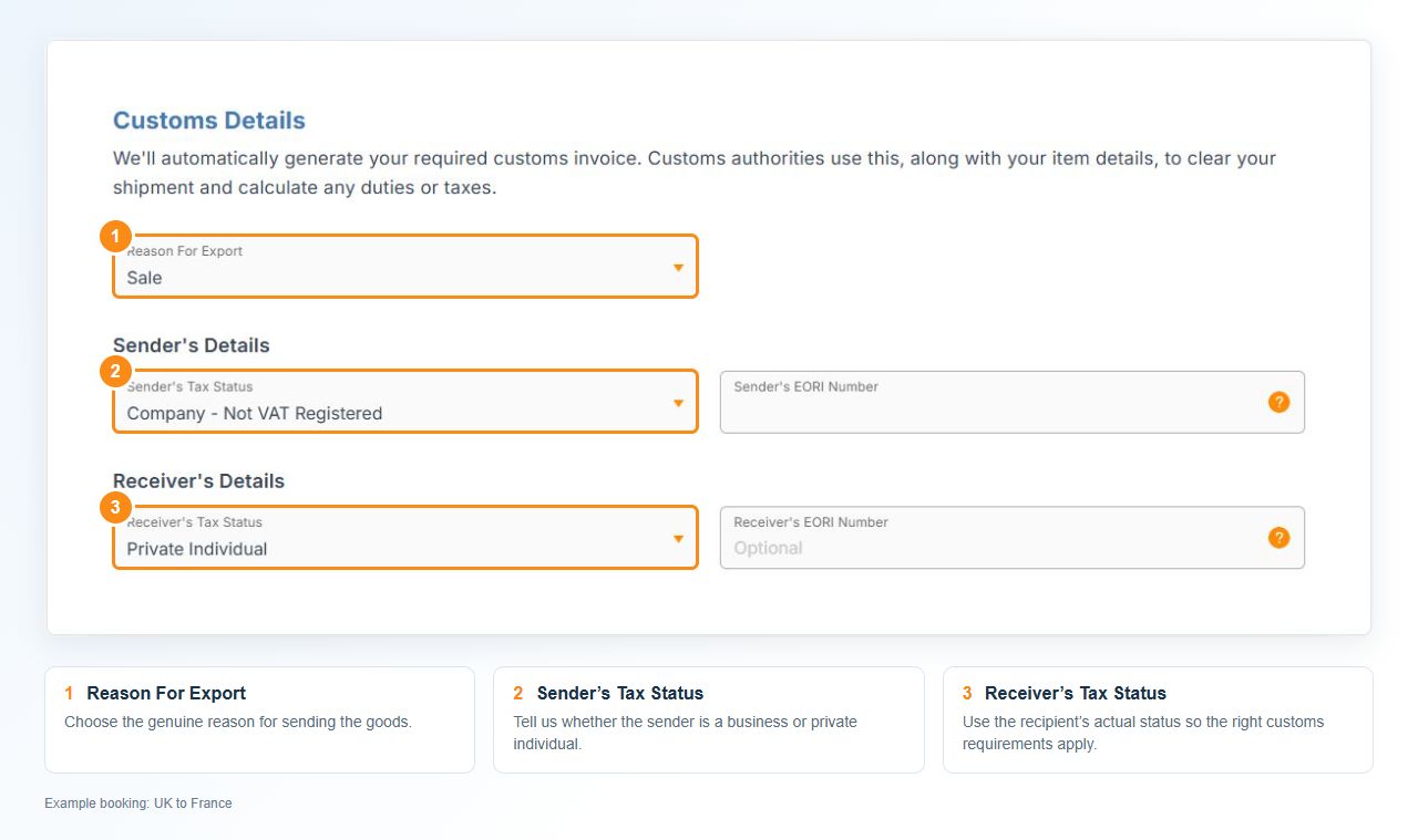 Interparcel customs form with numbered highlights on Reason For Export, Sender’s Tax Status and Receiver’s Tax Status