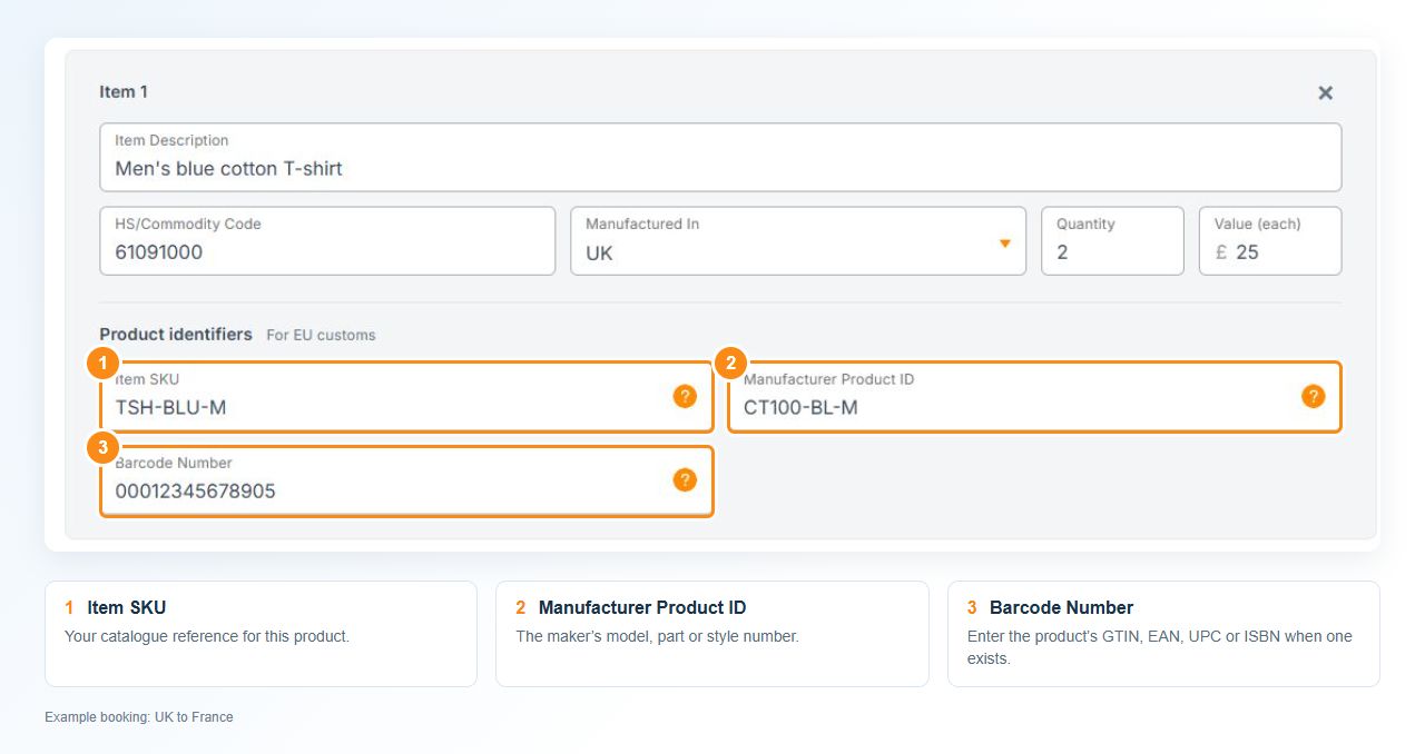Interparcel quote item with Item SKU, Manufacturer Product ID and Barcode Number highlighted and explained